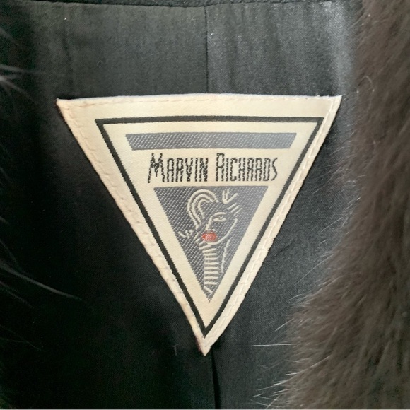 VINTAGE Marvin Richards 100% Lambswool Long Black Jacket Women's 12 Fur Collar - Picture 3 of 7